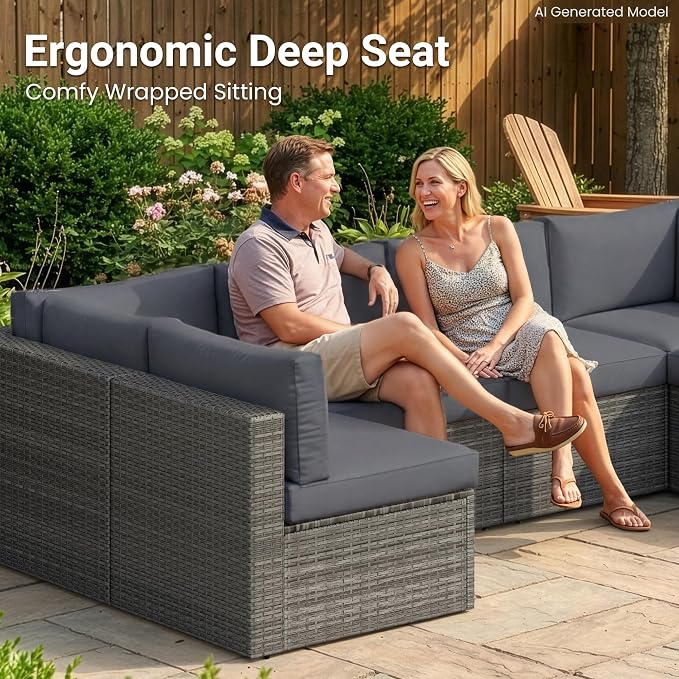 Wisteria Lane 7 Pieces Outdoor Patio Furniture Set, Wicker Outdoor Patio Sectional Sofas with Coffee Table, All-Weather Patio Conversation Set for Garden Backyard, Grey
