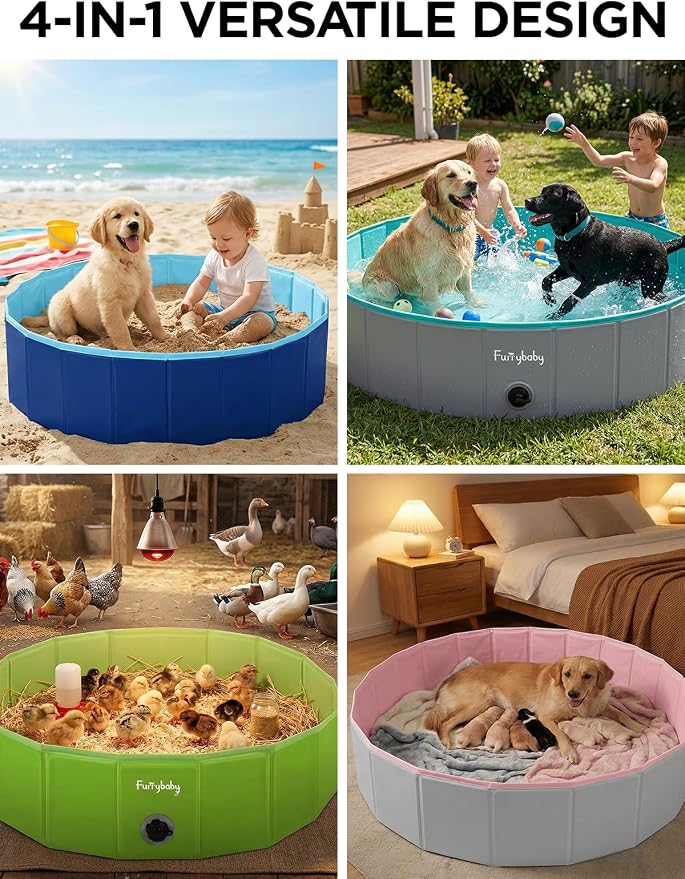 Furrybaby Dog Pool, Kiddie Pool with Hard Plate Collapsible Pet Bath Foldable Swimming Pet Pool Portable Pink 40''