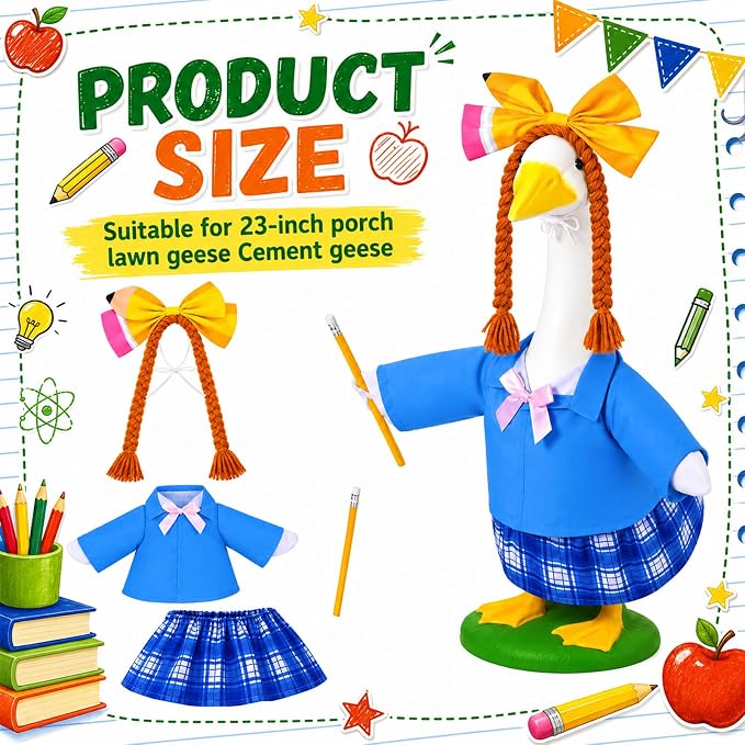 JcHrmers Back to School Goose Outfit Student Porch Goose Outfits School Nniform Lawn Goose Clothes Fits 23" Cement Plastic Goose Statue for School Classroom Outdoor Garden Yard Patio Decor