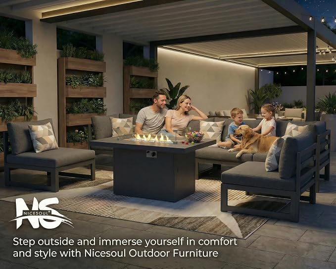 NICESOUL 7 Piece Modern Aluminum Outdoor Furniture Set with Fire Pit Propane/Gas, 29 inch Deep Wide Seat, All Weather Patio Conversation Set, L Shaped Modular Sectional Sofa for Backyard, Dark Gray