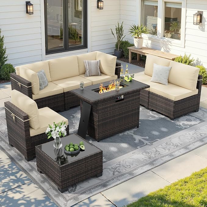 Soohow 8 Piece Patio Furniture Set with 44" Fire Pit Table, Outdoor Sectional Wicker Rattan Conversation Set for Garden, Porch, Backyard - Beige Cushions