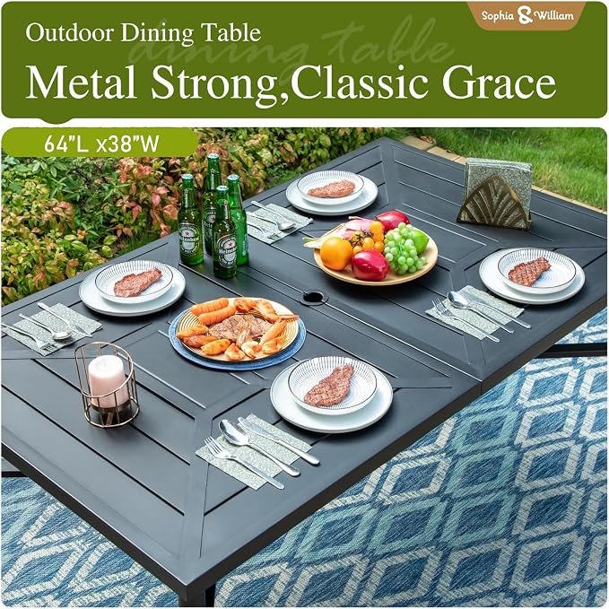 Sophia & William Patio Set with Umbrella 8 Piece Outdoor Dining Set for 6 with 13ft Double-Sided Patio Navy Umbrella, 6 x Swivel Patio Chairs, 1 Rectangular Dining Table for Lawn Garden