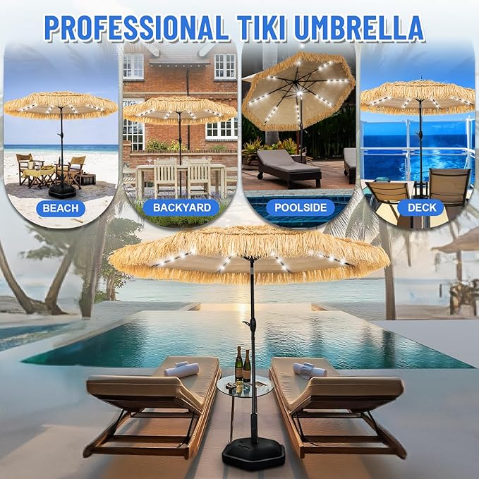 9 FT Solar Thatch Tiki Umbrella, Hawaiian Style Straw Umbrellas with Zinc Alloy Push Button Tilt, UPF 50+ Patio Umbrella,Outdoor Umbrella with 32 LED Lights for Beach, Pool,Garden
