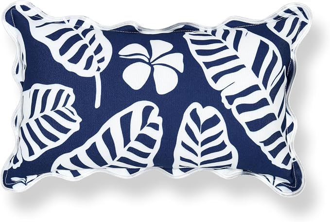 Hofdeco Premium Coastal Hampton Patio Indoor Outdoor Lumbar Pillow Cover Only, 12"x20" Water Repellent for Backyard, Couch, Poolside, Navy Blue Print Palm Leaves and Hisbucs Flowers