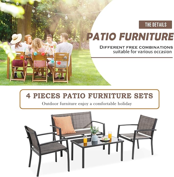 Vongrasig 4-Piece Modern Metal Textilene Patio Furniture Set - Small, Taupe with Loveseat & Glass Table for Lawn, Garden, Porch, Balcony, Backyard (Taupe)