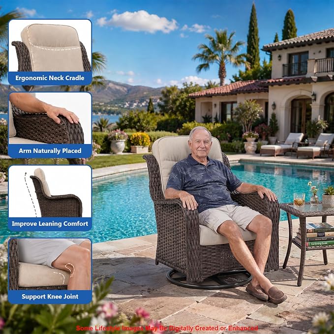 5-Piece Outdoor Swivel Chairs with Ottoman and Side Table, Patio Glider Chair with 6" Thick Cushions, Weather-Resistant Rattan Patio Furniture Set, for Yard, Poolside, Porch, Deck