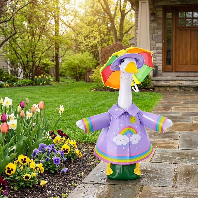 DECOHS 3 Pcs/Set Raincoat Porch Goose Outfits, Summer Lawn Goose Statue Raincoat Costume, Yard Goose Clothes Raincoats Umbrella Hat Outfit for 23" Statue Patio Garden Decoration (Purple Rainbow)