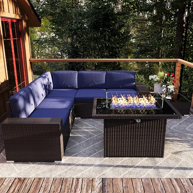 7 Pieces Patio Furniture Set with 44" Propane Gas Fire Pit Table, Outdoor Sectional Brown Rattan Wicker Conversation Sofa Sets with Coffee Table