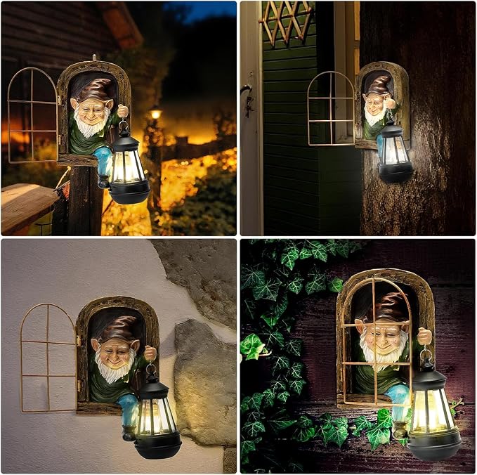 Garden Gnome Decor Outdoor Statue - Gnome With Solar Waterproof Lantern, Whimsical Elf Out The Door Tree Hugger Garden Statues, Home, Fence, Patio, Resin Ornament, Gardening Gift Tree Faces Gnomes