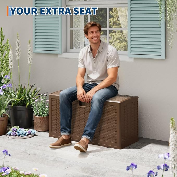 Jojoka Brown Resin Deck Box, Waterproof & Lockable Outdoor Storage Box, Patio Square Container for Package Delivery, Furniture Cushions, Garden Tools and Pool Accessories