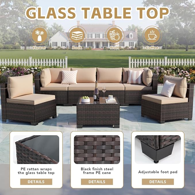 CHABATREE 7-Piece Outdoor Patio Furniture Sets, Manual Weaving Rattan Conversation Sectional Sofa with Tempered Glass Coffee Table, All-Weather PE Wicker & Thick Cushions for Garden, Backyard, Porch