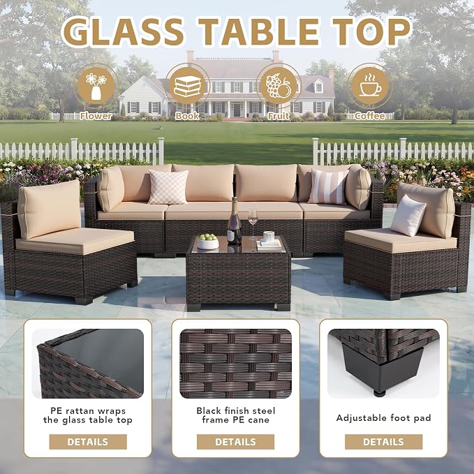 LEVELEVE 7 Pieces Outdoor Patio Furniture Sets,Rattan Conversation Sectional Set,Manual Weaving Wicker Patio Sofa with Tea Table