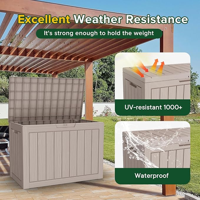 46 Gallon Outdoor Deck Box, Lockable Waterproof Outdoor Storage Boxes For Garden Tools,Indoor Cushions,Accessories Outside Storage Resin Weatherproof Container(Grey)