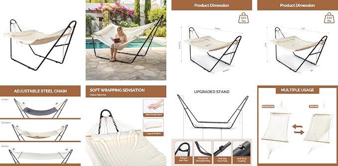 Double Hammock with Stand,Heavy Duty Portable Outdoor Hammock for 2 Person,Detachable Hammock Bed for Outside,﻿550 LBS Capacity,for Patio, Garden, Backyard & Beach (Beige)