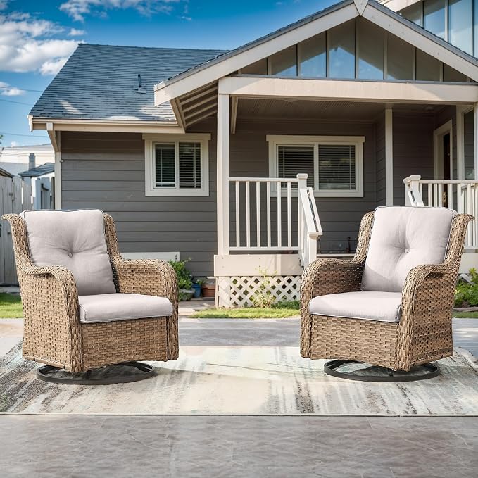 Outdoor Swivel Rocker Patio Chairs-Wicker Patio Swivel Chairs Set of 2 PE Rattan Patio Furniture for Porch Deck Balcony Garden-Yellow/Beige