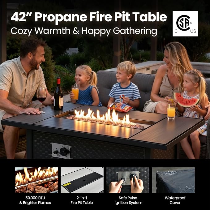 9-Piece Wicker Outdoor Sectional Furniture with Fire Pit, Wide Armrest Patio Couch Set Swivel Rocking Chair Ottoman Solar Table, Modular Conversation Sets for Backyard Deck Garden, Dark Gray