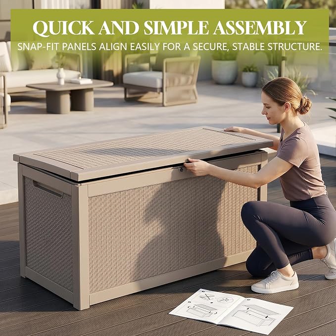 Waterproof Outdoor Storage Box Outside Deck Box Lockable Resin Bench UV Resistant Furniture Cushion Pool Tool Float Bin Patio Garden Porch (Grey, 320 Gallon)
