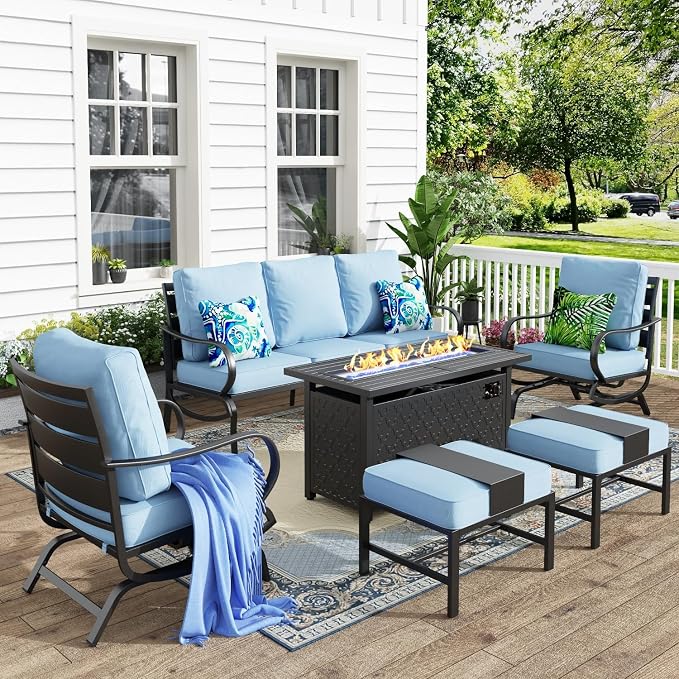 MFSTUDIO 6 Pieces Patio Furniture Sets with 45" Gas Fire Pit Table(Up to 7 Seat),Outdoor Metal Conversation Sofas with 1 x 3-Seat Sofa,2 Rocking Chairs and 2 Ottoman,Blue Cushion