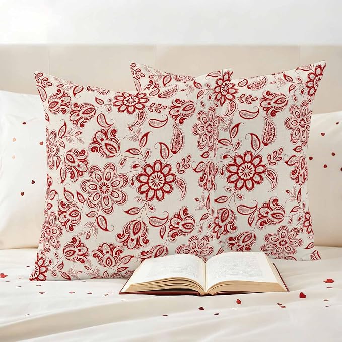 Abstract Paisley Pattern Outdoor Pillow Covers Set of 2 Retro Ethnic Red Flower Waterproof Throw Pillow Cover Decorative Cushion Cases for Patio Porch Garden 16X16 Inch