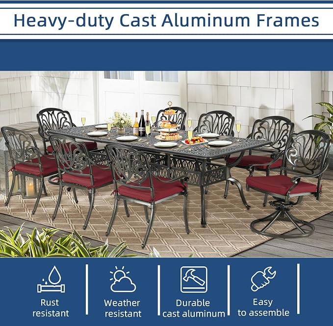 9-Piece Patio Cast Aluminum Dining Set, Outdoor Dining Furniture Set for 8 Person, Includes 94.5" Rectangular Dining Table, 6 Stationary, 2 Swivel Dining Chairs with Umbrella Hole, Red