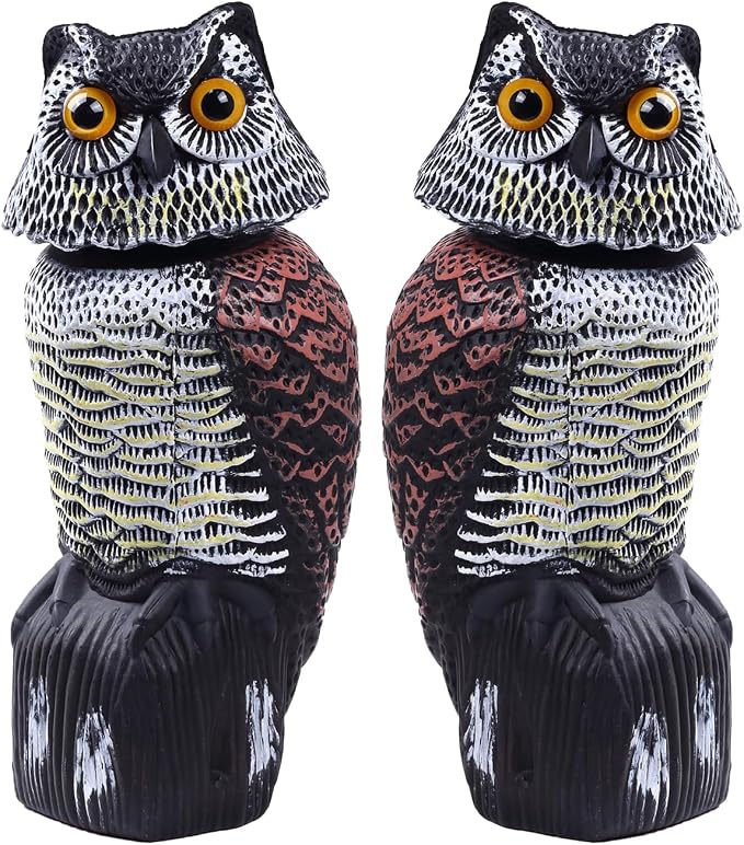 Hedoc 2 Pack Fake Owl Decoys to Scare Birds Away(15 inch), Rotating Head Sculptures, Nature Enemy Scarecrow Plastic Statues, Pest Repellent,Pigeon Deterrent Outdoor Yard, Garden Protectors