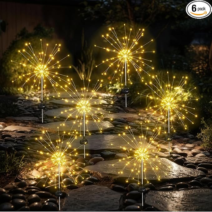 Solar Garden Firework Lights Outdoor Waterproof, 6 Pack Solar Lighting with 8 Lighting Modes, 120 LED Sparklers String Lights for Outside Decor Yard Pathway Decorations(Warm)