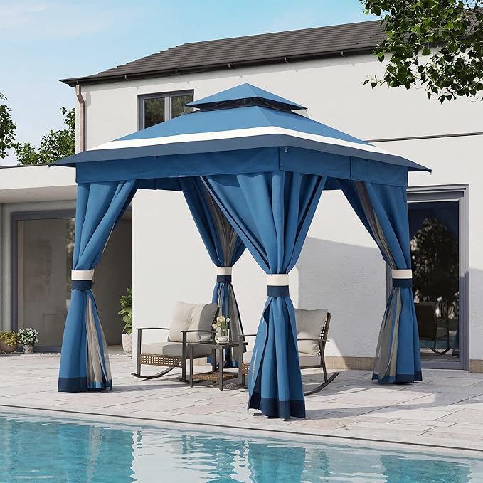 LAUSAINT HOME 8'x8' Outdoor Gazebo, Metal Frame Heavy Duty Patio Canopy Tent Shelter with Double Roofs, Mosquito Nettings and Privacy Screens for Backyard, Garden, Lawn, Steel Blue