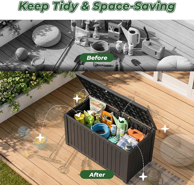 200 Gallon Deck Box, Lockable Waterproof Storage Box, Outdoor Storage Bin for Package Delivery, Patio Cushions, Gardening Tools，Pool Accessories and Sports Equipment (Black,200 Gallon)