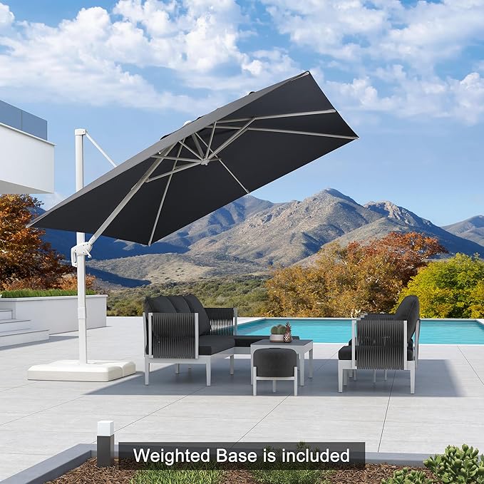 PURPLE LEAF 10 FT Patio Umbrella With Base White Cantilever Umbrella Square Outdoor Offset Windproof with 360° Rotation for Garden Deck Pool, Grey