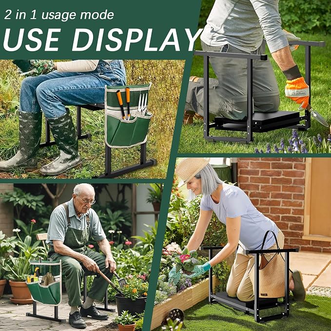 Garden Kneeler and Seat, 10.2" Stable and Save Anti-Tipping with Handle | Multifunctional Gardening Stool for Seniors Kneeler Bench, Gardening Gifts for Women, Seniors Grandparents, Black