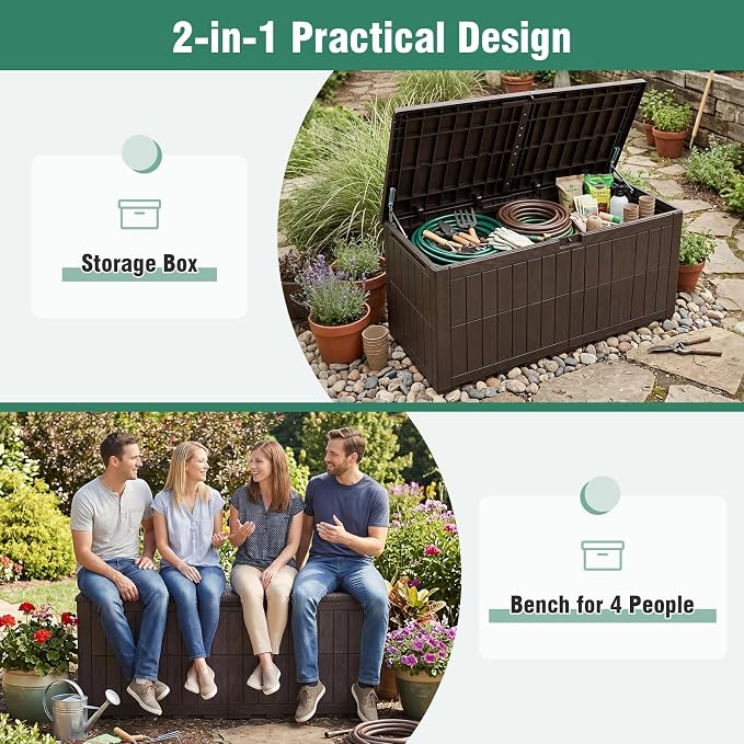 Tangkula 180 Gallon Outdoor Storage Box, Waterproof PP Resin Patio Storage Box with Lockable Lid for Indoor & Outdoor Use, 2-in-1 Rattan Design Deck Box for Cushions, Garden Tools