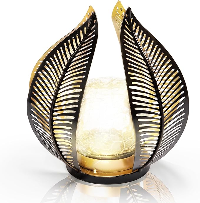 HPC Decor Solar Light Outdoor Garden, Crackle Globe Glass,Metal Palm Leaf Solar Light for Outside, Pathway Lights Waterproof LED Outdoor for Patio,Yard,Porch Decor,Gardening Gifts for Women/Mom.