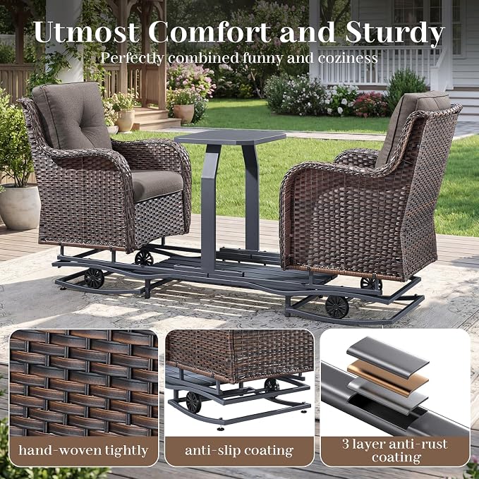 Rilyson Luxury Outdoor Wicker Glider Rocker Chairs for 4 Person, Outdoor Furniture Sets with 2 Piece Wicker Swivel Rocker Chairs, Rattan Glider Rocker Chairs with Table for 2 Seats Brown/Grey
