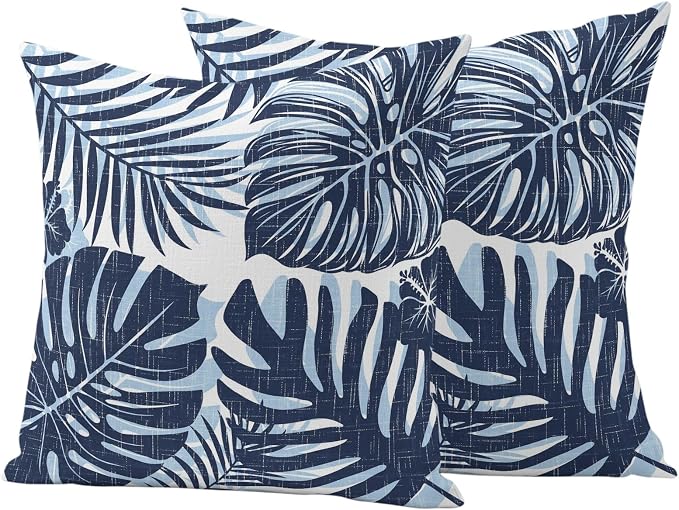 Navy Blue Palm Leaves Outdoor Pillow Covers 24"x24" Set of 2, Tropical Botanical Minimalist Modern Waterproof Throw Pillow Covers for Patio Furniture, Decorative Cushion Covers for Porch