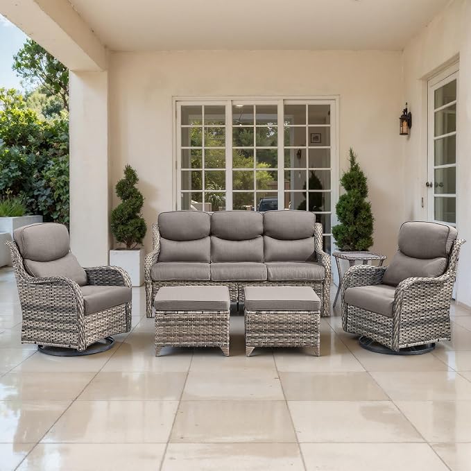 Outdoor Swivel Rocker Patio Chairs Set of 6-5" Thick Cushion 6 Piece Furniture Set with Fire Pit Table All Weather Wicker Conversation Set for Porch Deck - Gery Wicker | Gery Cushions