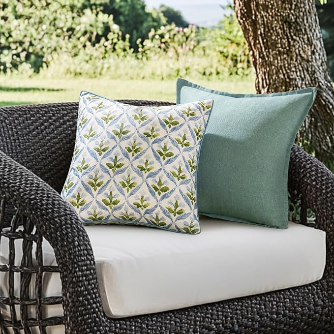 MIULEE Outdoor Floral Pillow Covers Waterproof 20x20 Blue-Green | Decorative Block Print,Boho Farmhouse, Set of 2 Coastal Summer Cushion Covers with Piping,Garden Patio Furniture Porch Couch