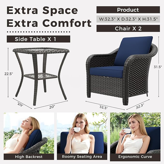 Outdoor Chairs with Side Table, Patio Wicker Chairs, Outside Conversation Furniture Set with Washable Cushions for Sunroom, Gazebo, Poolside (Navy Blue)