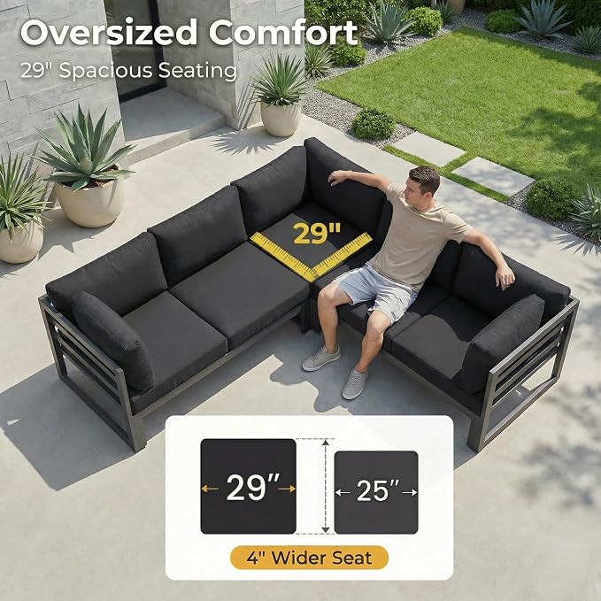 RADIATA 9 Piece Luxurious Aluminum Patio Furniture Set with Fireplace, 500 lbs Durable Outdoor Sectional Sofa, 29" Deep and Wide Big Seats, U Shaped Combo Conversation Couch for Outside Deck, Black
