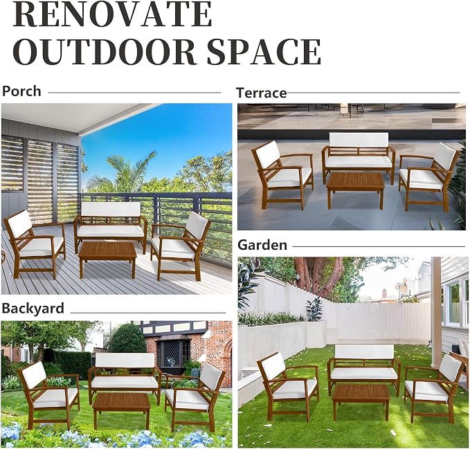 PayLessHere 4-Piece Acacia Wood Patio Furniture Set Modern Conversation Set Outdoor Bistro Table and Chairs for Backyard, Balcony, Deck, or Indoor Use (Nature)