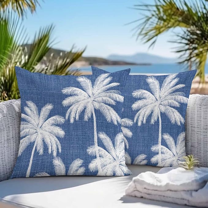 Outdoor Pillow Covers 20x20 Inch Set of 2, Navy Blue Palm Trees Waterproof Throw Pillow Covers, Farmhouse Tropical Summer Beach Decorative Cushion Pillowcases for Couch, Sofa, Bed, Garden, Patio