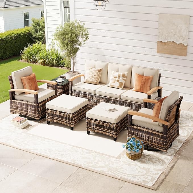 MEISSALIVVE 6 Pieces Patio Furniture Sets,Wicker Patio Conversation Sets with 2 Wood Armrests Swivel Glide Chairs, 2 Ottomans for Deck Yard and Poolside (Beige)