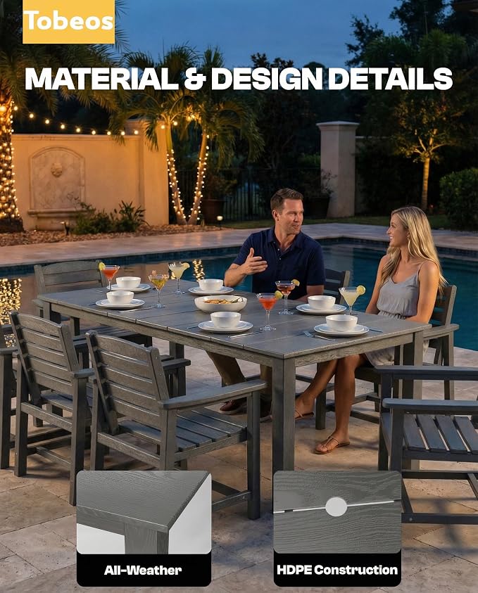 9-Piece Outdoor Dining Set with 15FT Umbrella for 8,Gray | HDPE table, chairs included, aluminum frame, weather-resistant furniture, perfect for yard, lawn, garden, deck