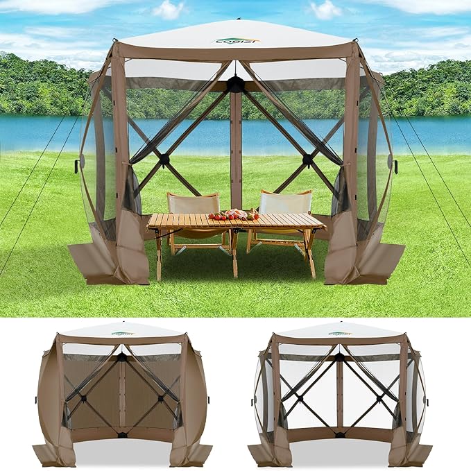 COBIZI 10x10 FT Pop up Gazebo, Popup Canopy tent,Screened In Gazebos with sidewalls, Waterproof Portable Outdoor Small Screen tents Sun Shelter,carpas para patio for Camping, Garden and Backyard,Brown