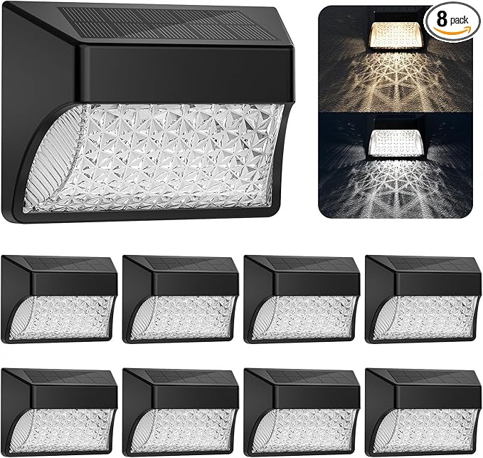 Solar Fence Deck Lights Outdoor 8 Pack, Solar Step Lights Dusk to Dawn Warm White/Cool White, Solar Powered LED Lights Decor for Outside Stair Step Yard Patio Waterproof (Black)
