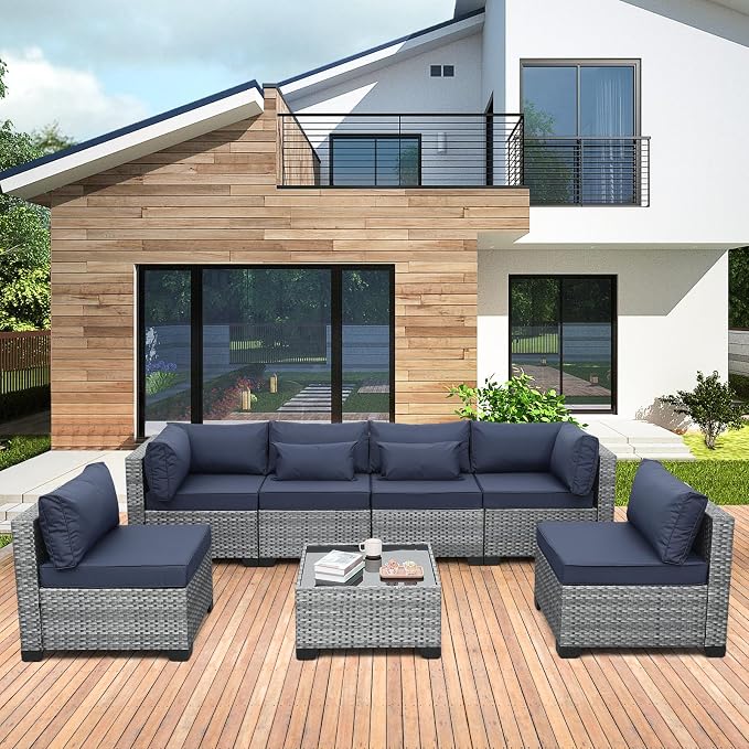 Valita 7 Pieces Outdoor Wicker Furniture Conversation Set Patio Sectional Sofa Set Glass Table with Non-Slip Cushions Furniture Cover, Dark Blue