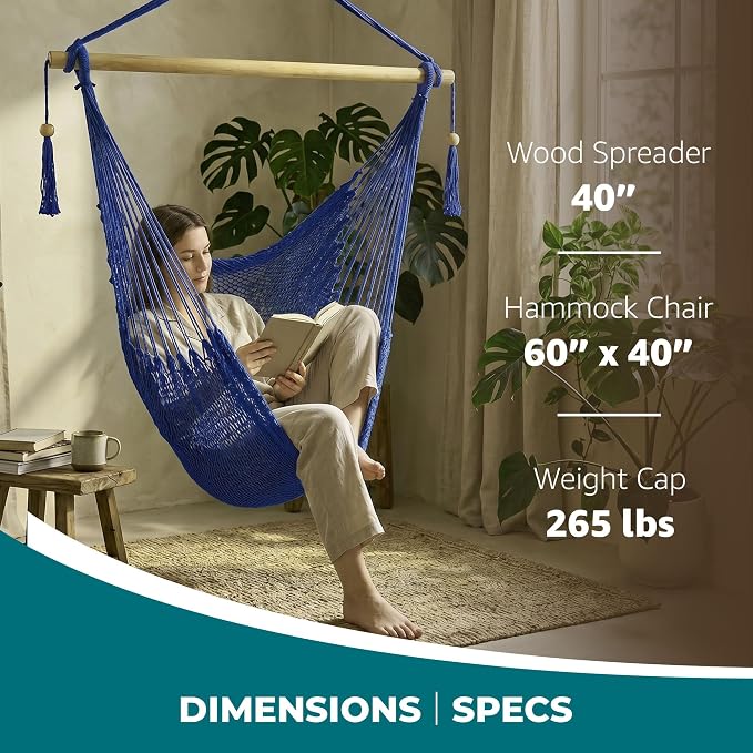 Bliss Hammocks BHC-412BLU Island Rope Hammock Chair, Eco Friendly & Hand-Woven Cotton, Varnish Coated 40 Inch Wood Spreader, Easy to Hang w/Included Hanging Kit, Supports up to 265LBS, Blue Rope