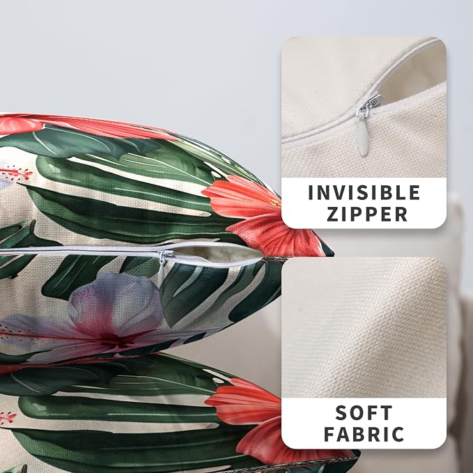 Hibiscus Flowers Pillow Covers Hawaiian Tropical Throw Pillow Covers 22x22 Set of 2 Monstera Palm Leaves Pillowcase Double Sided Printing Cushion Case for Patio Outdoor Sofa