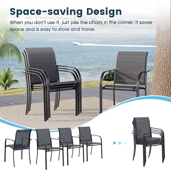 7 Pieces Patio Dining Set, 59" Rectangular Dining Table with Umbrella Hole, 6 Stackable Textilene Fabric Chairs, Metal Structure for Patio, Porch, Garden(Black Table, Grey Chair)