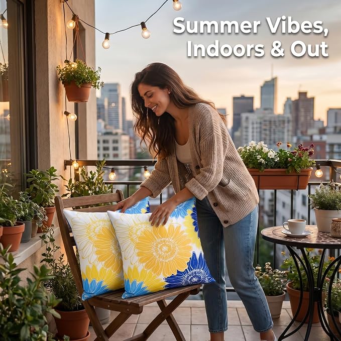 Outdoor Waterproof Pillow Covers Summer Floral Throw Pillow Covers 20x20 Decorative Square Yellow Blue Sunflower Garden Cushion Throw Pillowcase Set of 2 for Patio Furniture Garden Tent Balcony Bench