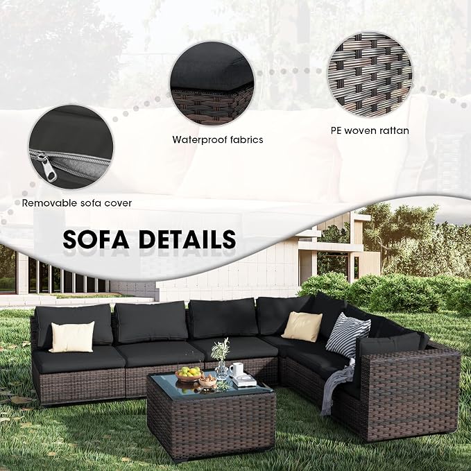 Patio Furniture Set 5 Piece All Weather PE Rattan Outdoor Sectional Sofa Couch with 4 x arm Sofa, No-Slip Cushions and Glass Top Table for Garden, Poolside, Backyard (Black)
